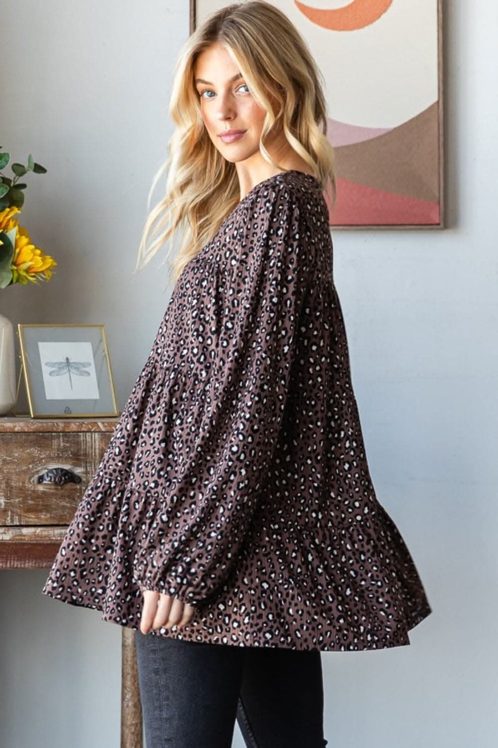 Leopard print long sleeve tiered blouse for a chic look - Love Salve